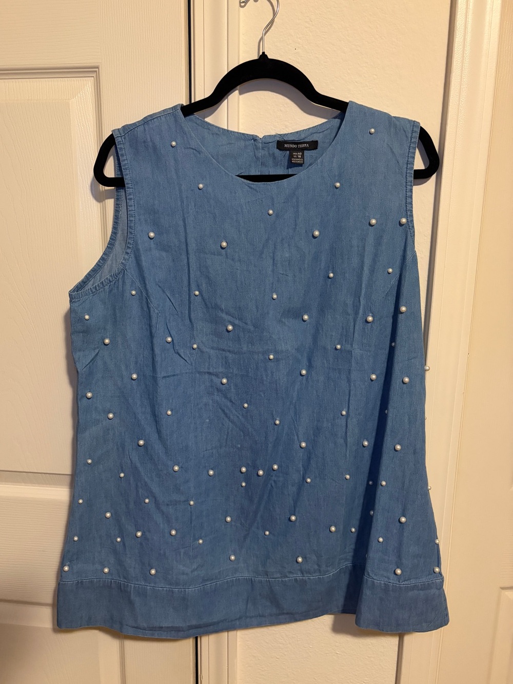 Blue Sleeveless Pearl-Embellished